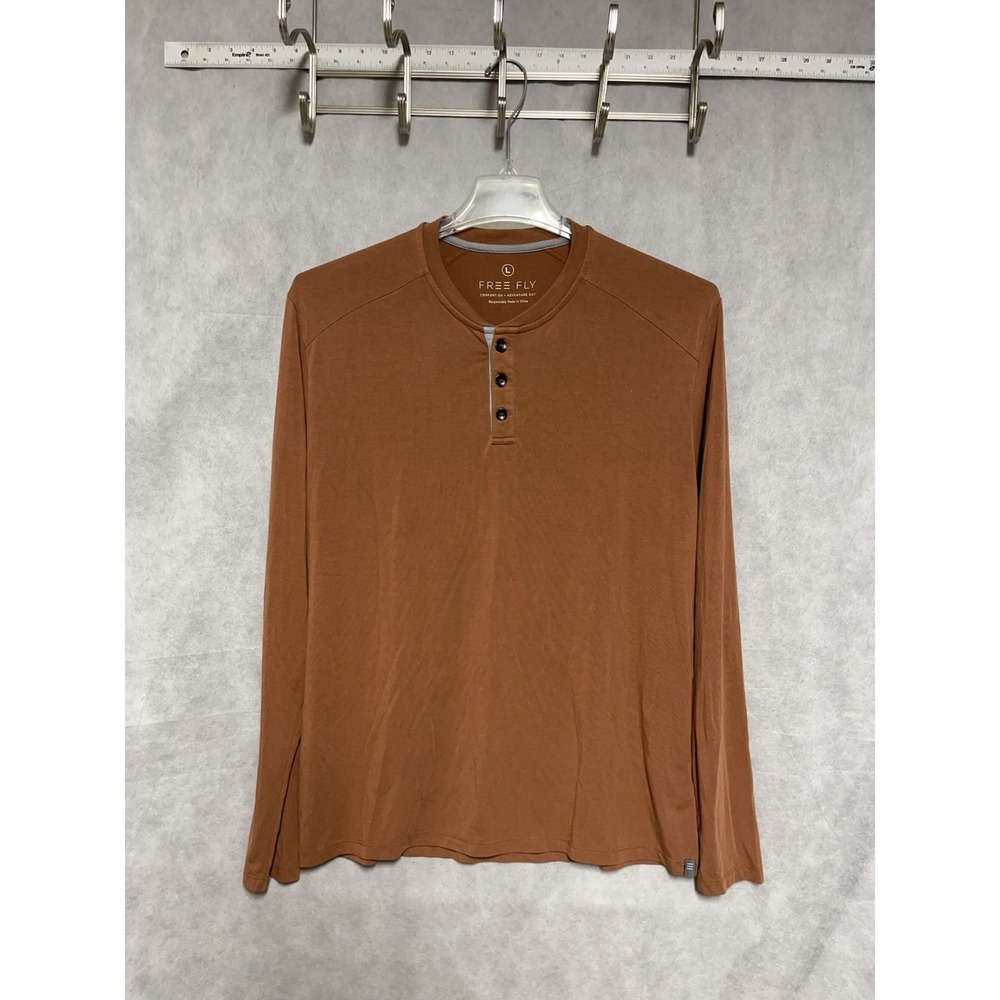 Free Fly Shirt Men L Brown Henley Bamboo Blend Stretch Active Workout L/S Tee - Picture 2 of 8